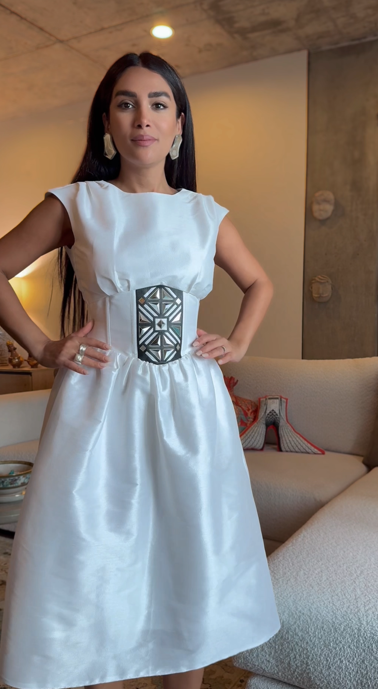 White Mirror-Belted Dress