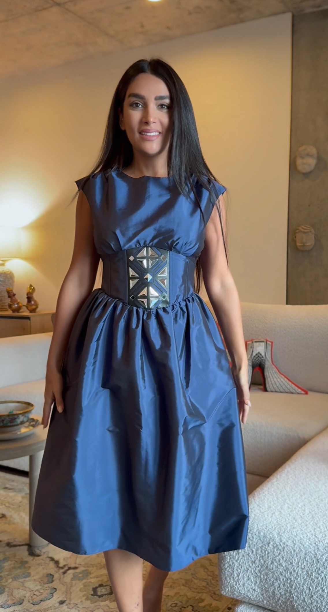 Navy Mirror-Belted Dress