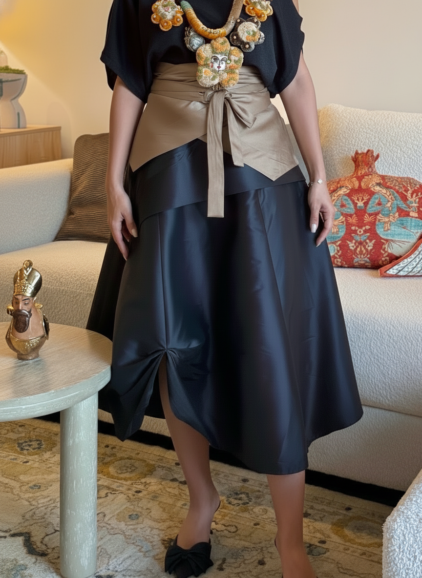 (Beige) Belted Taffeta Skirt