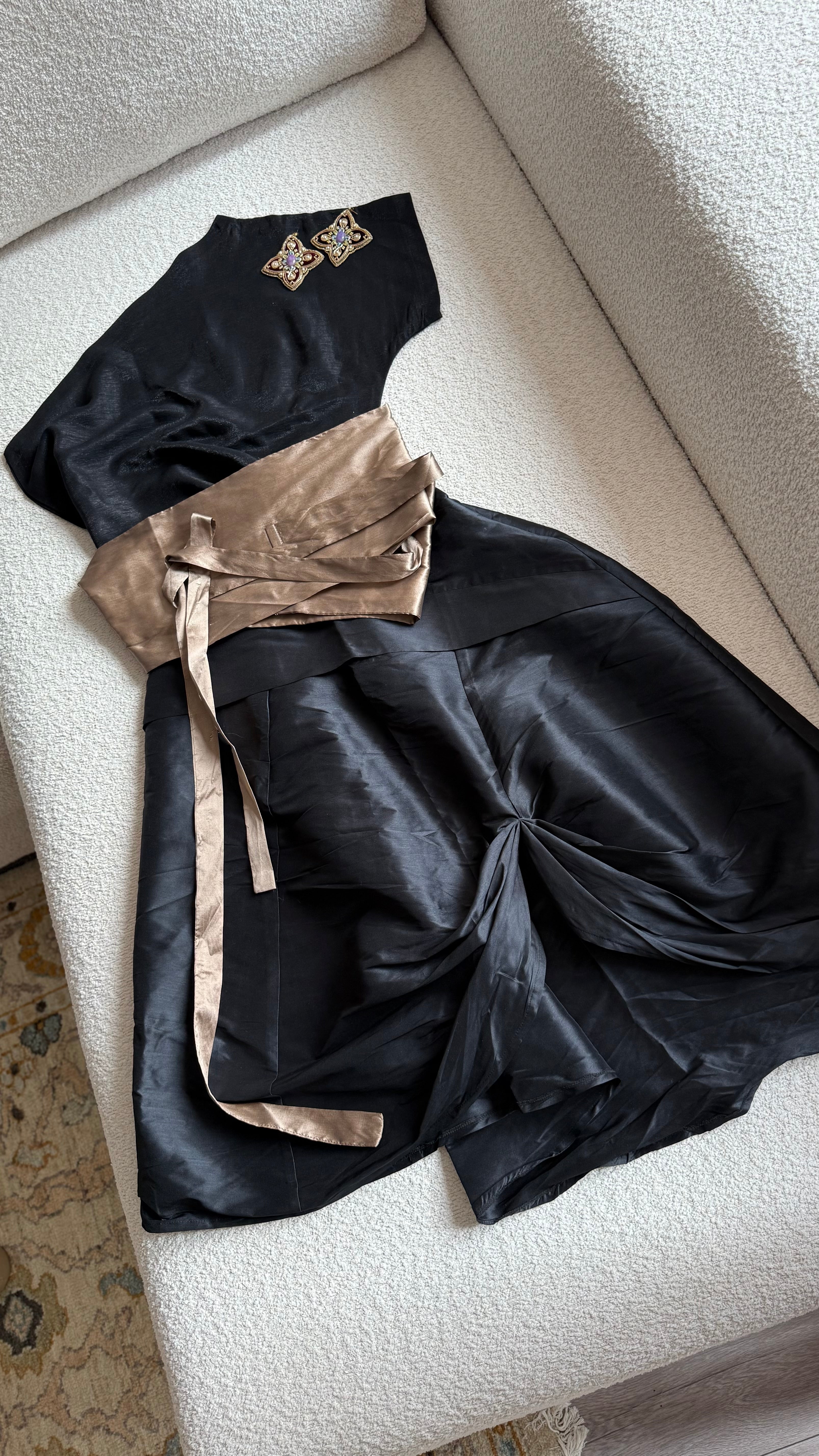 (Beige) Belted Taffeta Skirt