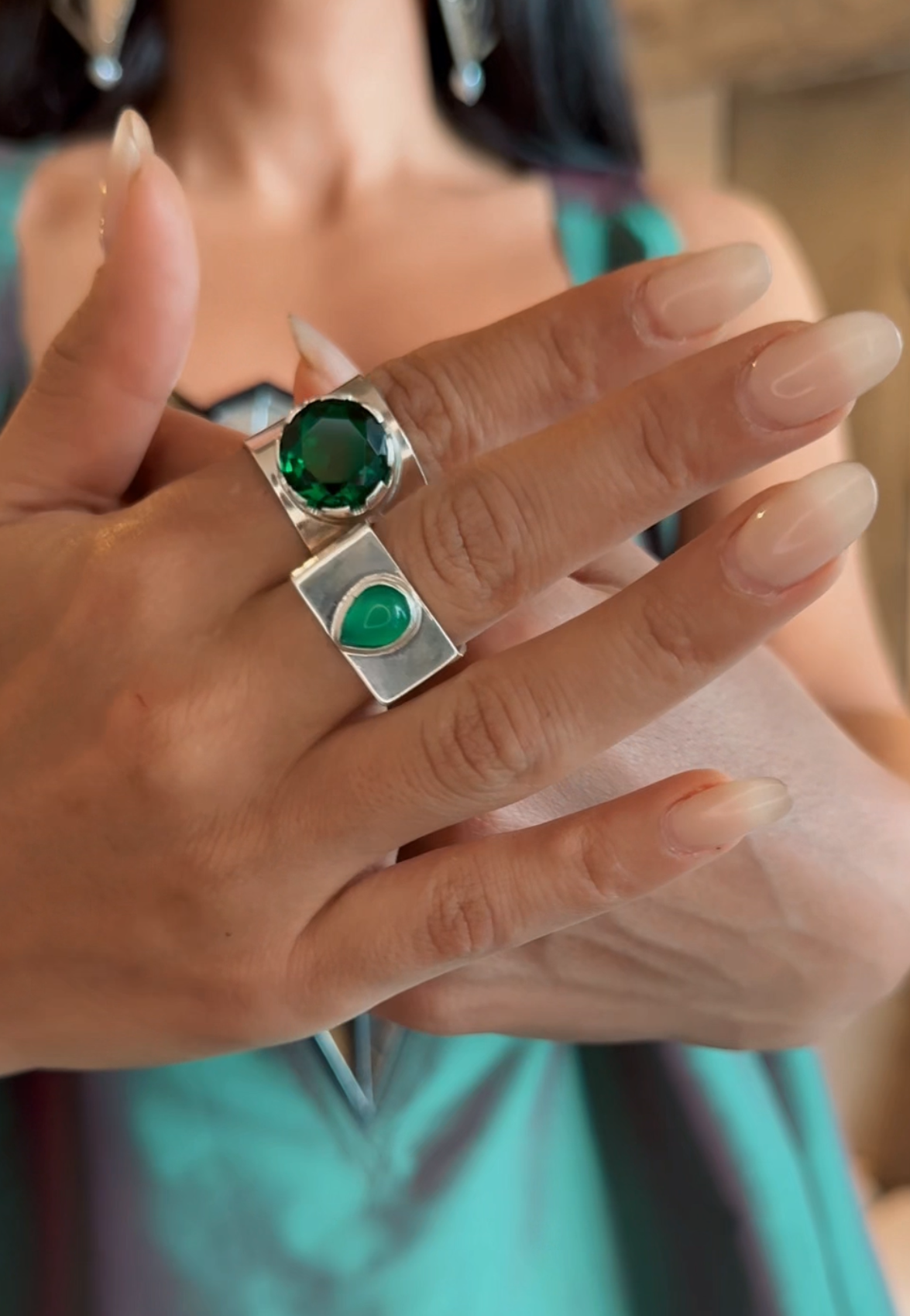 Minimalist Green Circle stone Silver Ring #4